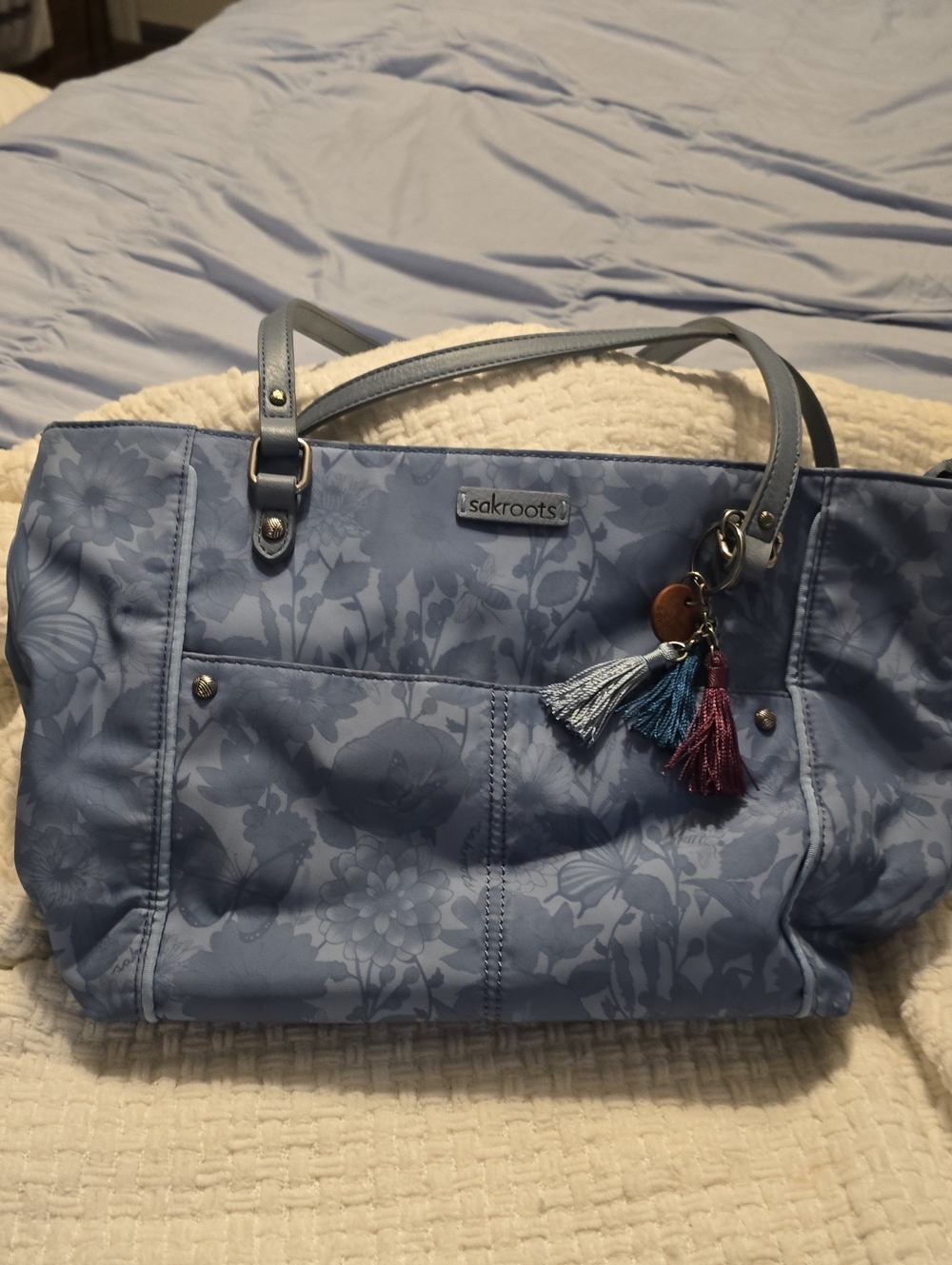 Sakroots Light Blue Floral Tote with Multicolor Tassels